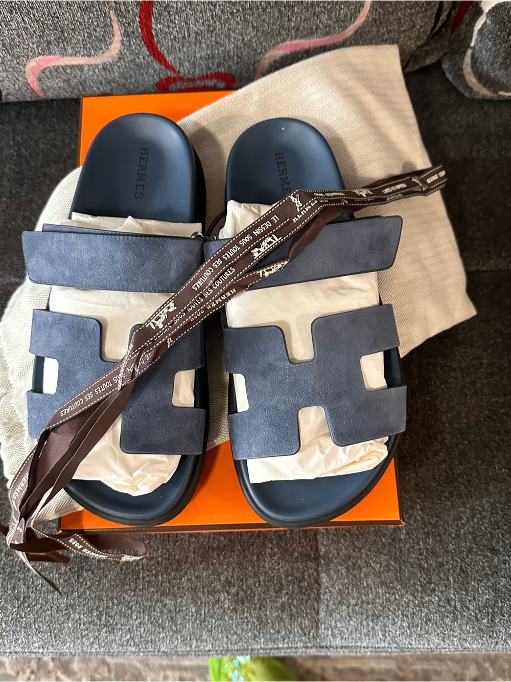 Hermes Blue Suede Oran Slide Sandals - Picture 3 of 8